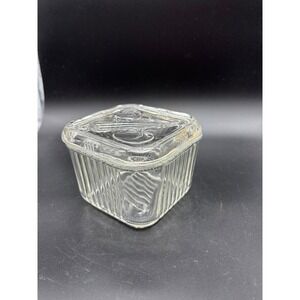 Vintage Glass Square Container with Lid Embossed Fruit Design